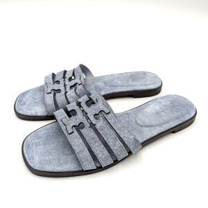 Tory Burch Ines Caged Denim Flat Slides Sandals Womens Blue Cloud Sz US7M EU37.5